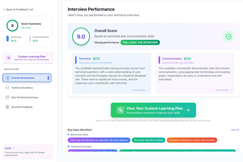 Get Personalized Feedback & a Learning Path: Every mock gives you per-question feedback, transcripts, and a personalized road